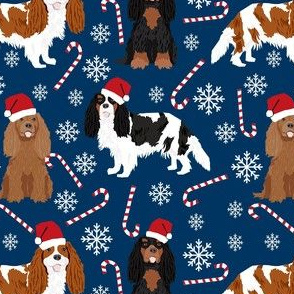 cavalier spaniel dog candy cane fabric - christmas design - navy