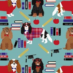 cavalier spaniel teacher fabric - dog in school design - blue