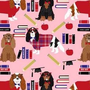 cavalier spaniel teacher fabric - dog in school design -pink