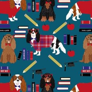 cavalier spaniel teacher fabric - dog in school design - dark blue