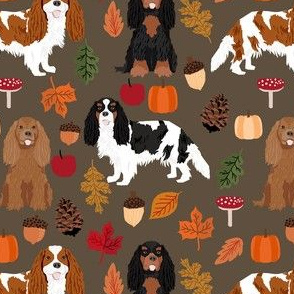 cavalier spaniel autumn fabric - dog fall fabric -  med brown