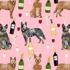 cattle dog wine fabric - blue and red heelers - pink