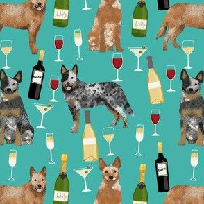cattle dog wine fabric - blue and red heelers -turquoise