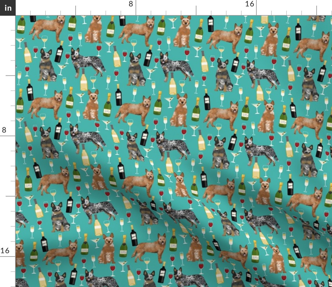 cattle dog wine fabric - blue and red heelers -turquoise