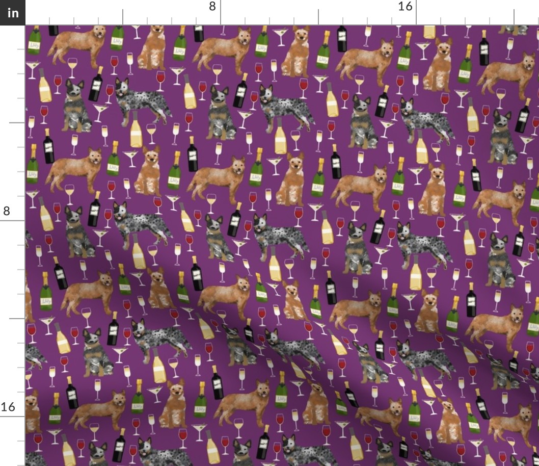 cattle dog wine fabric - blue and red heelers -purple