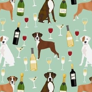 boxer dog wine fabric - cute dog design -  mint