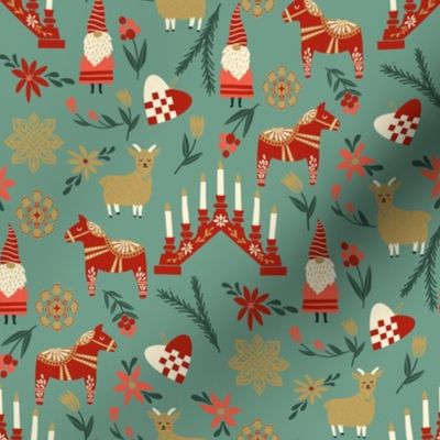 god jul scandi christmas fabric - nordic folk design -green