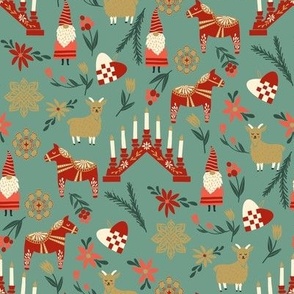god jul scandi christmas fabric - nordic folk design -green