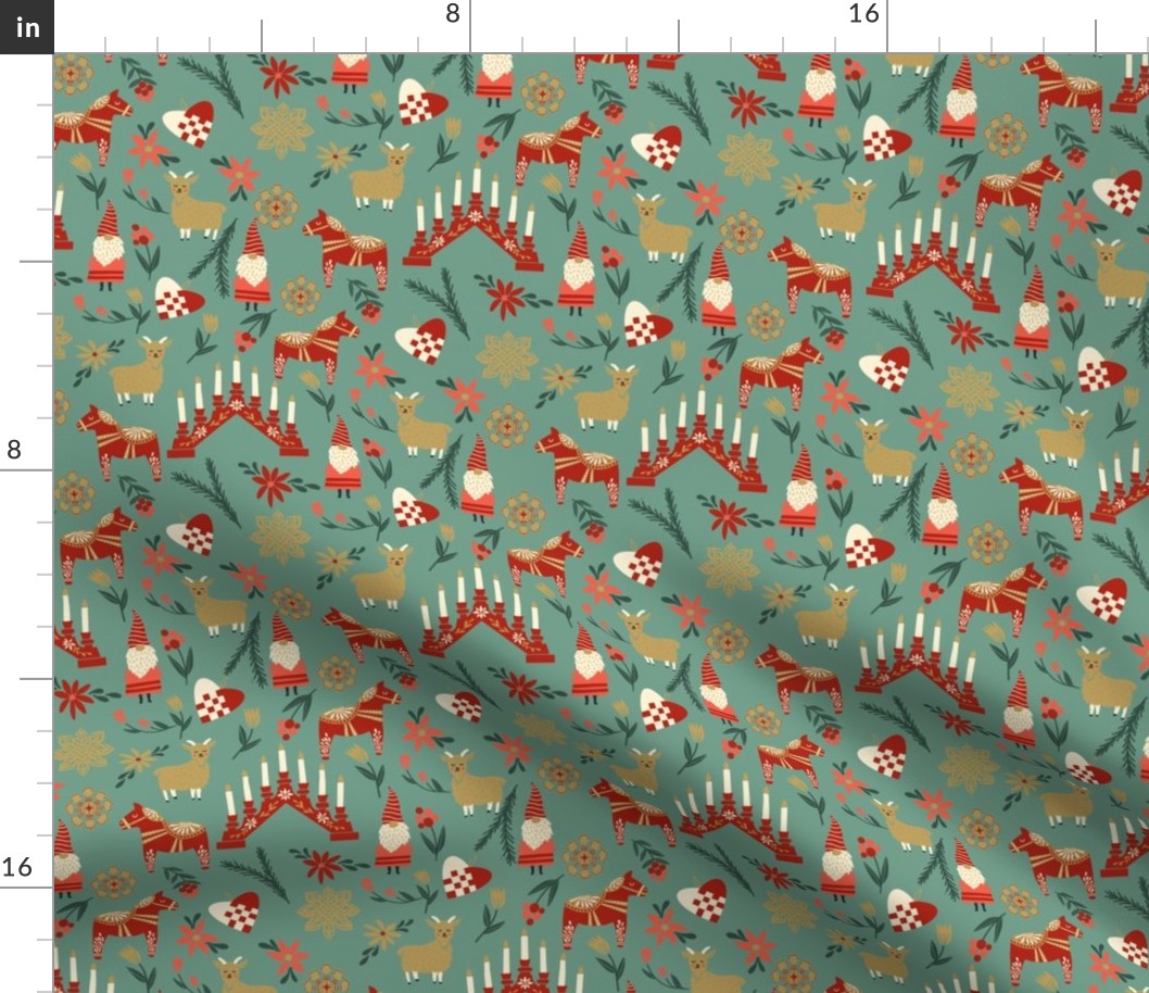 god jul scandi christmas fabric - nordic folk design -green