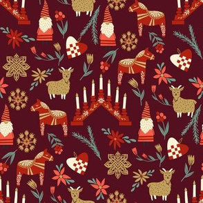 god jul scandi christmas fabric - nordic folk design - burgundy