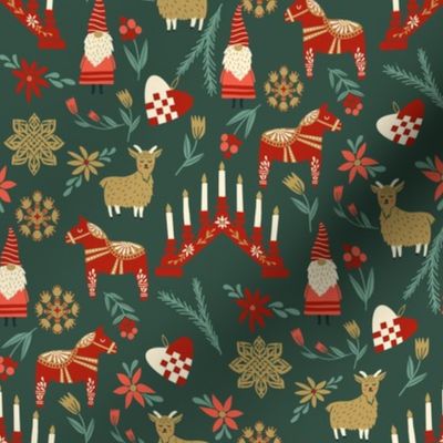 god jul scandi christmas fabric - nordic folk design - pine green