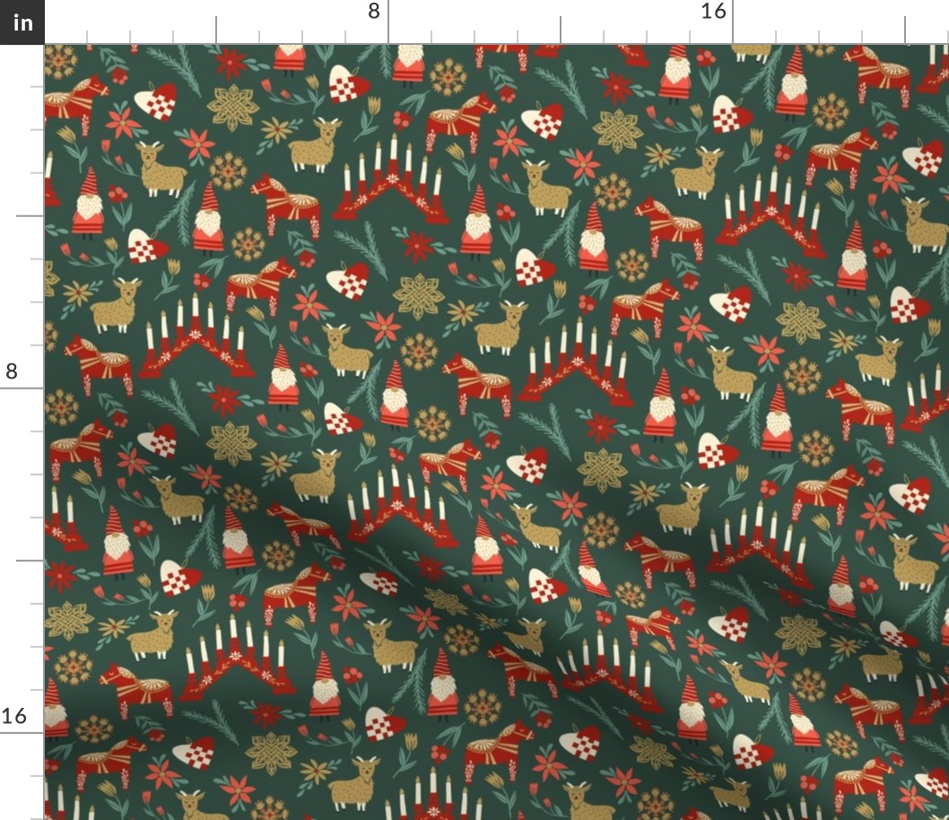 god jul scandi christmas fabric - nordic folk design - pine green