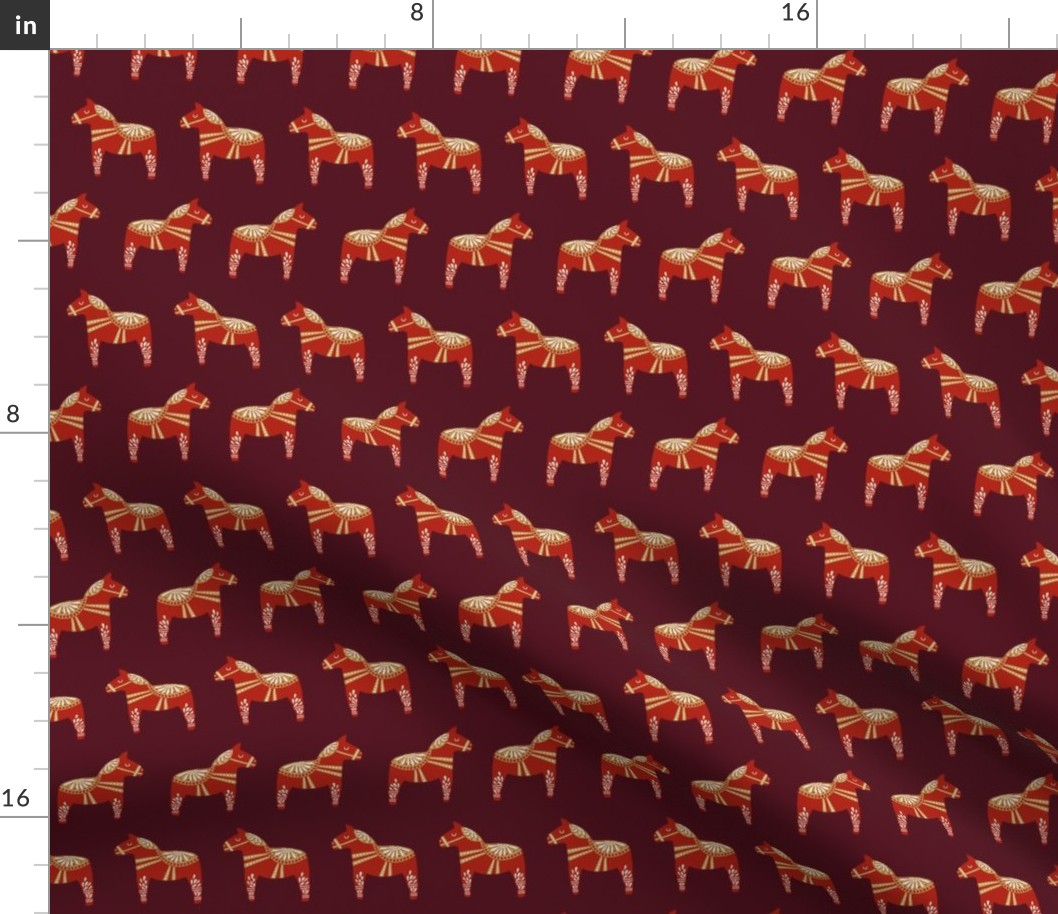 dala horse fabric - minimal folk design - burgundy