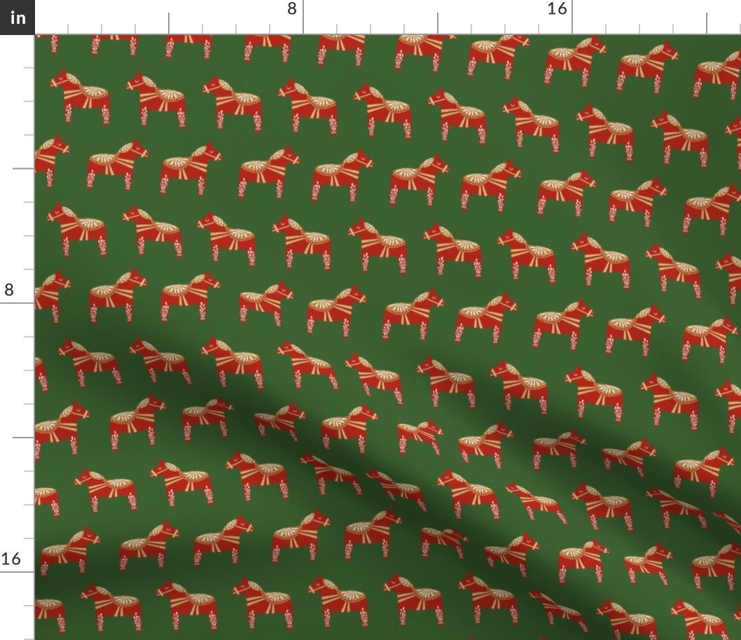 dala horse fabric - minimal folk design - med green