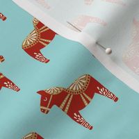 dala horse fabric - minimal folk design - light blue