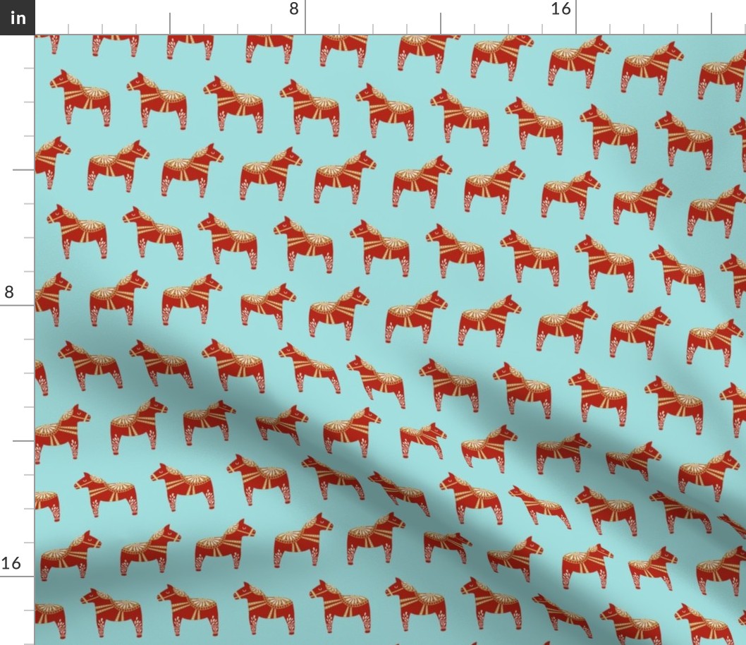 dala horse fabric - minimal folk design - light blue