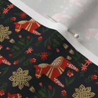 dala floral fabric - folk christmas design - almost black