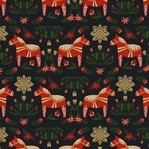 dala floral fabric - folk christmas design - almost black