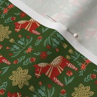 dala floral fabric - folk christmas design - med green