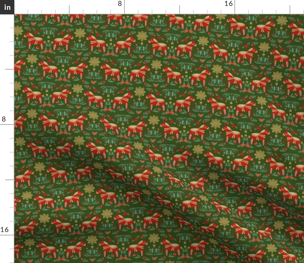 dala floral fabric - folk christmas design - med green