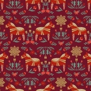 dala floral fabric - folk christmas design -  burgundy