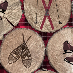wood with plaid background and ski icons