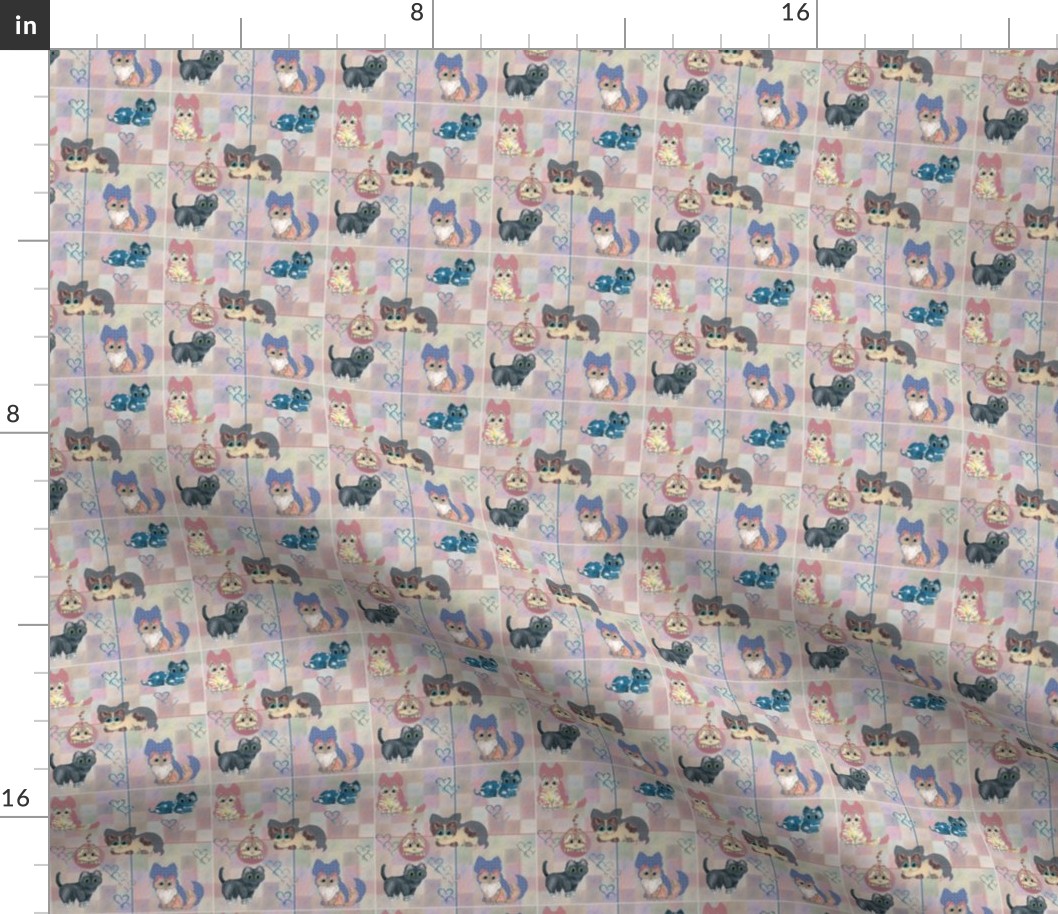 3x3-Inch Basic Repeat of Checkered Playful Cats in Tiny Print