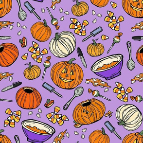 Pumpkin Carving Purple Holiday Jack-o-lantern Fall Novelty Fabric - Colorful Illustrated Design
