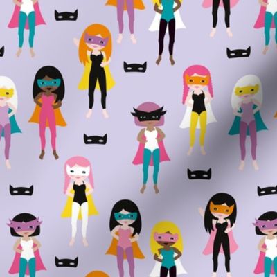 Colorful super hero girls with mask and cape fun heroine theme for kids lilac