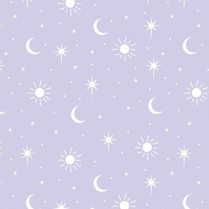 Mystic magic Universe sun moon phase and stars sweet dreams night baby nursery retro seventies lilac lavender purple