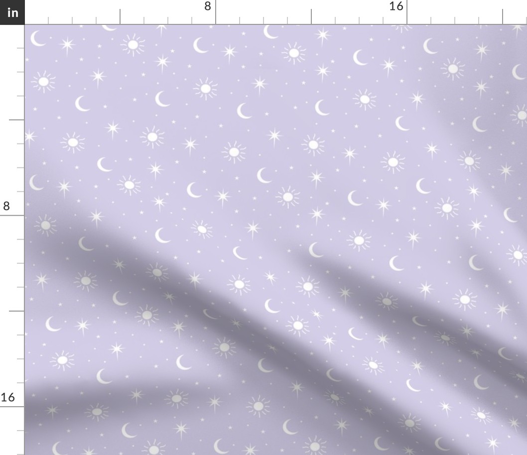 Mystic magic Universe sun moon phase and stars sweet dreams night baby nursery retro seventies lilac lavender purple