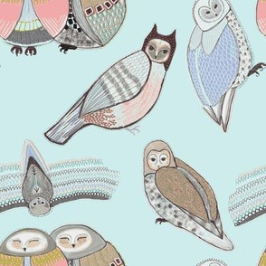 pastel owls pale blue