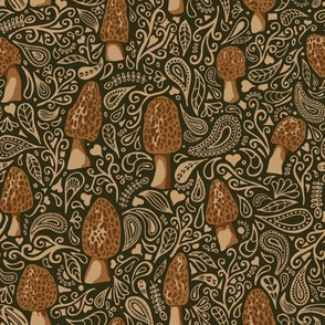 morels and tan doodles on dark background