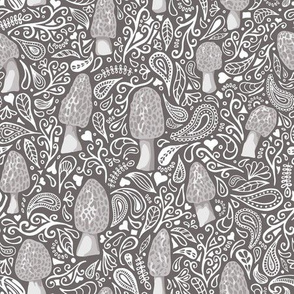 morels and white doodles - grayscale