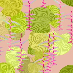 Fan Palms on Light Coral Background