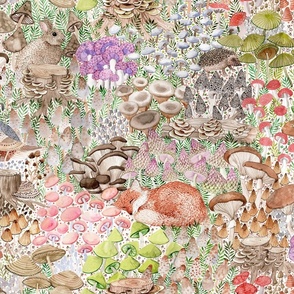 Mushroom garden with Quail, Hare, Fox, Frog, Hedgehog and thousands of different mushrooms