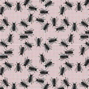 flies black on red dots light grey background