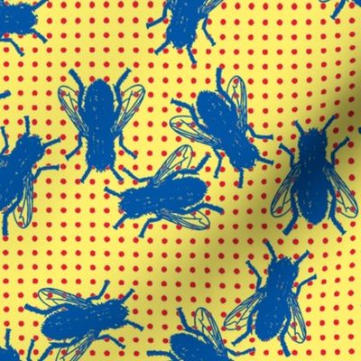 flies blue on red dots yellow background