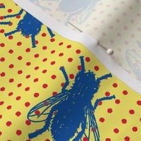 flies blue on red dots yellow background