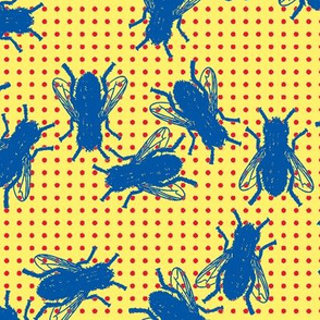 flies blue on red dots yellow background