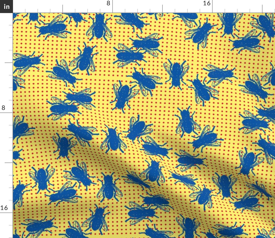 flies blue on red dots yellow background