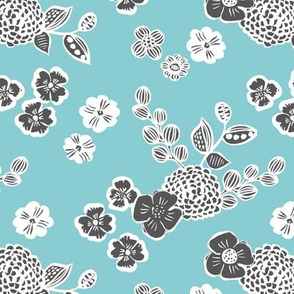 Raw ink autumn garden botanical vintage leaves and flowers fall nursery black and white beige blue