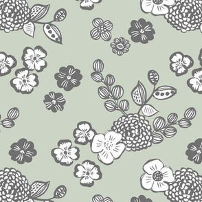 Raw ink autumn garden botanical vintage leaves and flowers fall nursery sage green charcoal gray