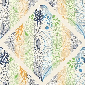 Nautical underwater seahorse seashell sea stars bubbles, Cool muted tones blue orange