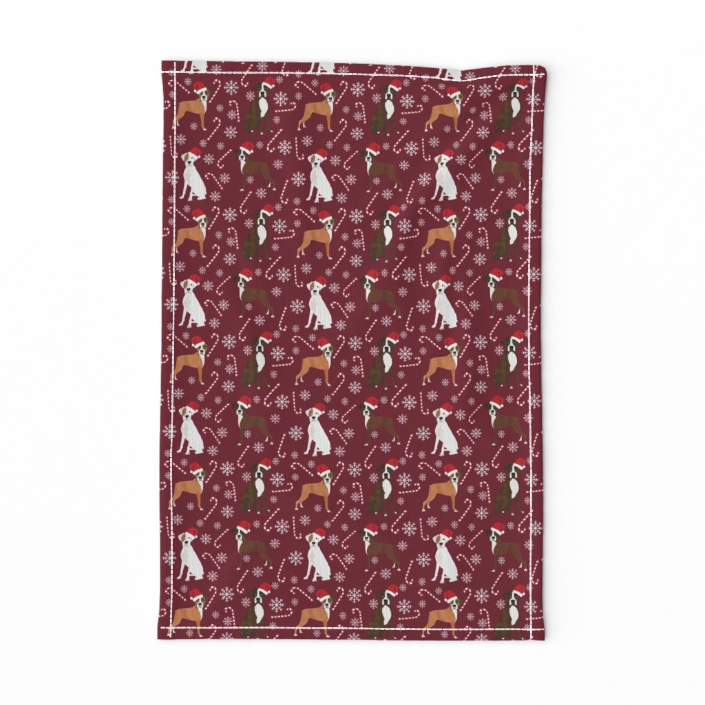 boxer dog candy cane fabric - snowflakes - burgundy