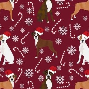 boxer dog candy cane fabric - snowflakes - burgundy