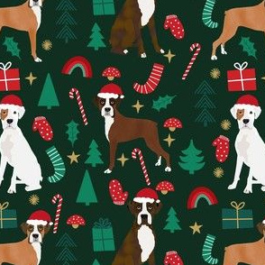 boxer dog cute christmas fabric - rainbow, trees -  dark green