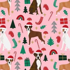 boxer dog cute christmas fabric - rainbow, trees - pink