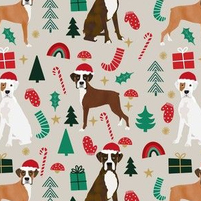 boxer dog cute christmas fabric - rainbow, trees - tan