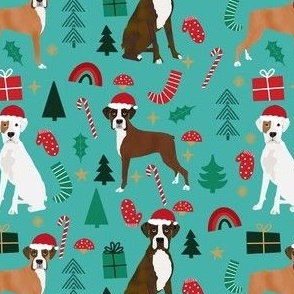 boxer dog cute christmas fabric - turquoise